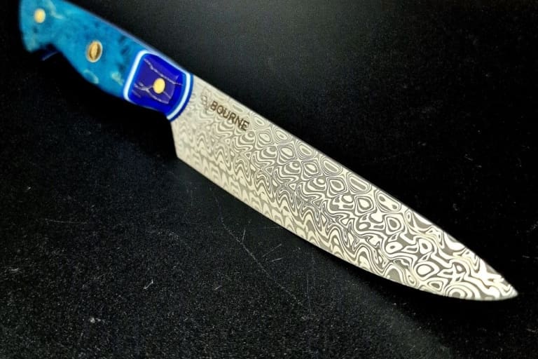 Hakkapella petty knife with blue maple handle.