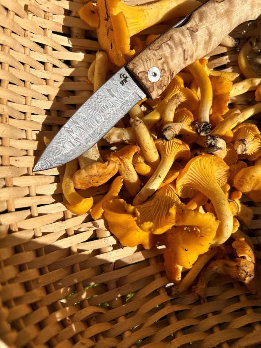 Karesuandokniven pältsa, damasteel, stainlesssteel, mushroom