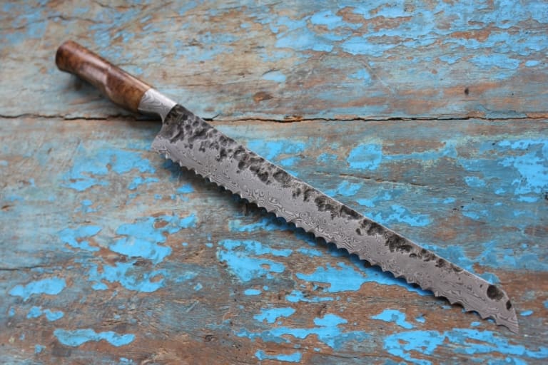 Random Pattern Integral Bread Knife with Teak Burl Handle  