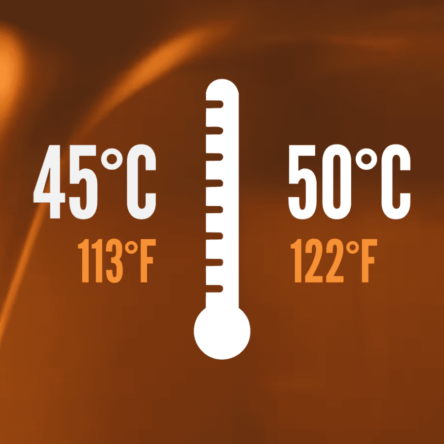 Orange/brown background with a thermometer and the temperatures: 45°C–50°C (113°F–122°F)